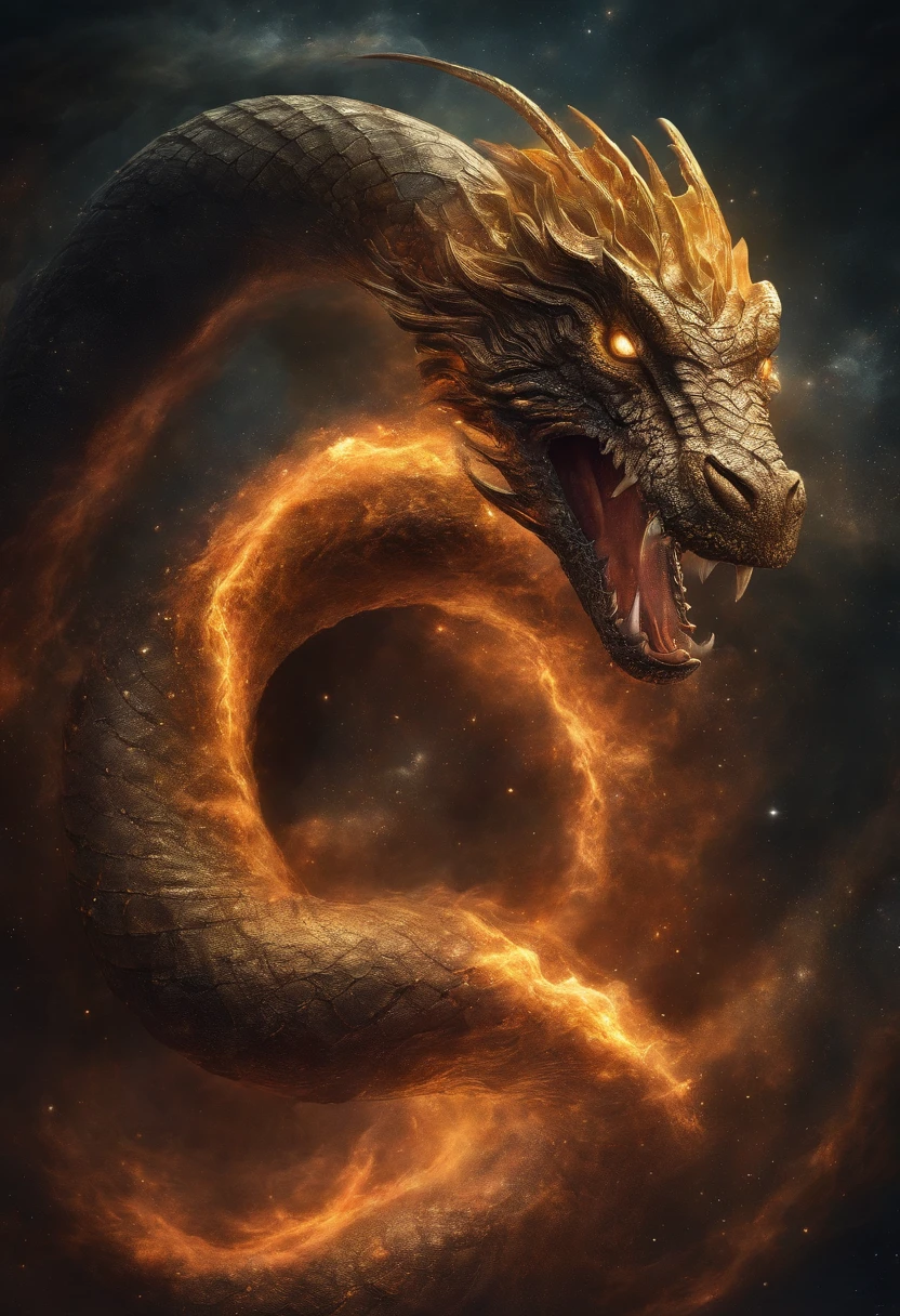 In the dimension of stellar collisions, The legendary Oroch Serpent became the embodiment of the Celestial Fury. Its body is a symphony of brilliant colors, Reflect the birth of stars. Its eyes burn with cosmic fire, The tendrils of energy surround its shape like ethereal lightning. The presence of snakes is both awe-inspiring and terrifying, Because it harnesses the power of the universe itself, In the cosmic vortex, Where galaxies spiral and stars explode, The serpent reigns supreme, Epic, Cataclysm, and beyond, The power to evoke celestial power.Style: hyper realistic digital painting,Dynamic interplay with complex details and colors.Execution: Rendered in a surreal style, Use advanced digital technology to capture complex interstellar environments and snake celestial energy,