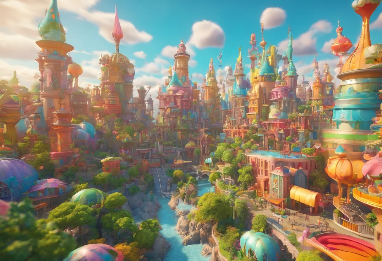 colorful city in fantasy world, giant factory of miscellaneous park