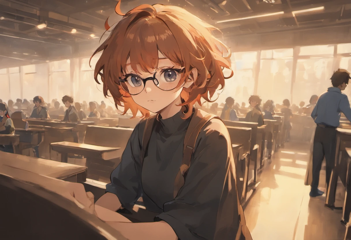 anime character with SouthIndian looks, curly hair , wearing half sleeve blue shirt, black pant, eye glasses, brown skin tone, sitting in the class room with other students in the background, sun Rays in anime style on character, full HD , detailed, 4k