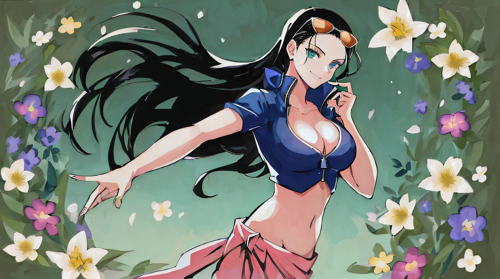 (masterpiece),(best quality:1), (ultra highres:1), ({high detailed), best quality, full body, amazing, hyperdetailed, intricate details, beautiful lighting, Nico Robin, 1girl, aqua eyes, black hair, breasts, cleavage, collared jacket, cowboy shot, crop top, cropped jacket, extra hands, eyewear on head, fingernails, hair slicked back, hand up, high collar, jacket, large breasts, long hair, looking at viewer, midriff, navel, plunging neckline, pose, sarong, short sleeves, smile, solo, standing, stomach, sunglasses, very long hair, flower drawing on jacket, outdoors, m4a1, holding m4a1, rifle, trigger discipline