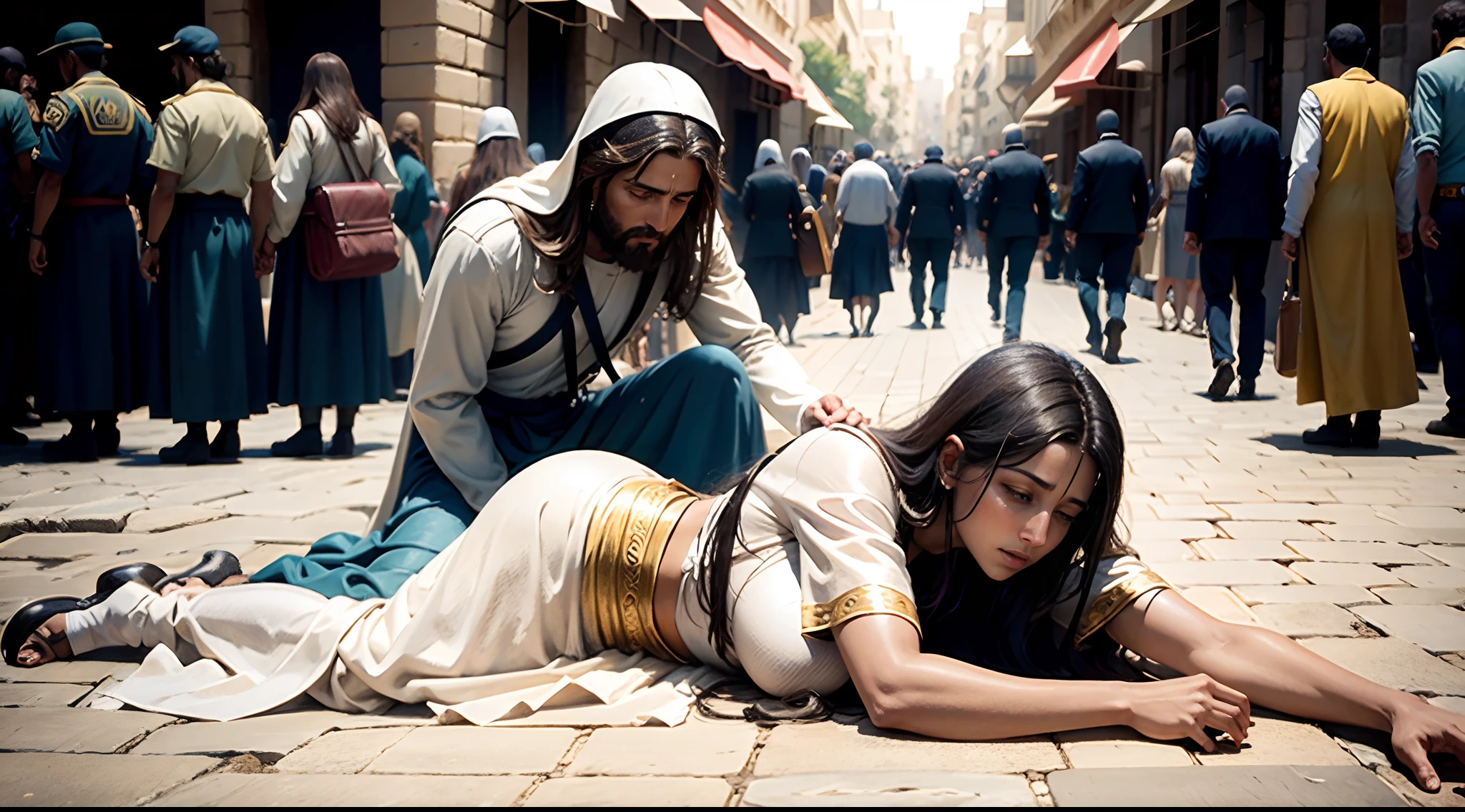 Jesus comforting a woman lying on the ground, on a Jerusalem street full of people looking, dia com sol aberto, imagem ultra realista em 8k