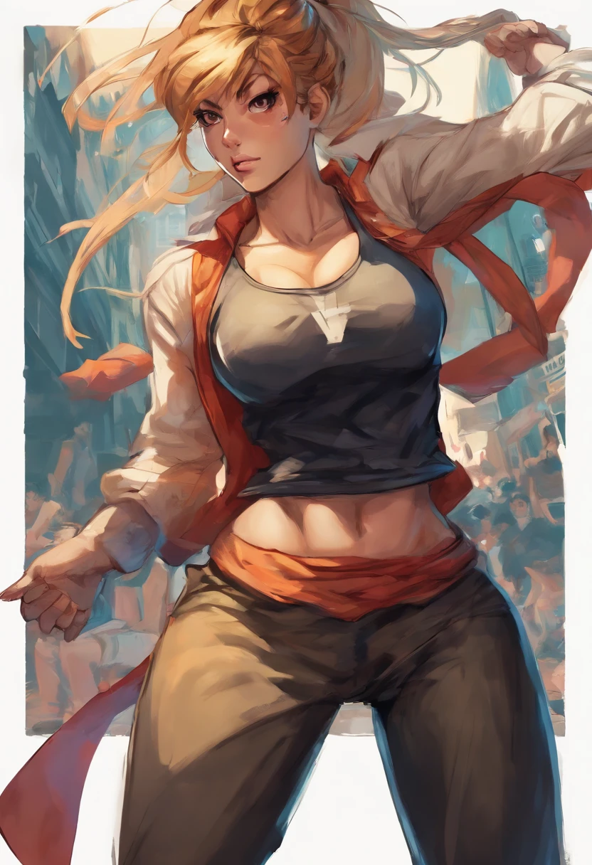 best quality, ultra high res, (photorealistic:1.4), 1girl, loose and oversized black jacket, white sports bra, (yoga pants:1), (light brown hair:1.2), Llooking at viewer, smiling, futt body, streets, urban, makeup, wide angle