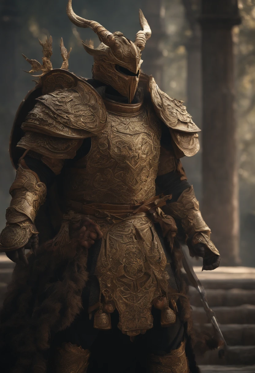 fighter jets, plane, concept-art, author:Kishiganku, Fantasy art, Zen temple background, clean render, a horned, Wear a set of armor, Detailed bushido form smoke, Forgotten gods, 8k Realistic, in game render, detailed face background detail, Art station front page, taur, Pseudo-medieval fantasy, A deity wearing koi armor, detailed bronze armor, Bronze armor, golden etched armor, gold obsidian armor, Light gold armor, Gorgeous filigree armor, demon, Gorgeous armor full of thorns, Intricate assasin armor, Intricate metal armor, Dressed in gorgeous golden armor,Decorated with intricate patterns, Has a large crown and two horns, Everything is in the dark, The smoky background alludes to battle scenes, Lend an ominous aura