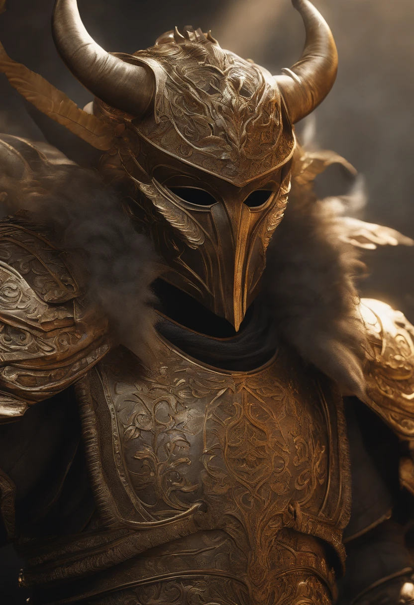fighter jets, plane, concept-art, author:Kishiganku, Fantasy art, Zen temple background, clean render, a horned, Wear a set of armor, Detailed bushido form smoke, Forgotten gods, 8k Realistic, in game render, detailed face background detail, Art station front page, taur, Pseudo-medieval fantasy, A deity wearing koi armor, detailed bronze armor, Bronze armor, golden etched armor, gold obsidian armor, Light gold armor, Gorgeous filigree armor, demon, Gorgeous armor full of thorns, Intricate assasin armor, Intricate metal armor, Dressed in gorgeous golden armor,Decorated with intricate patterns, Has a large crown and two horns, Everything is in the dark, The smoky background alludes to battle scenes, Lend an ominous aura
