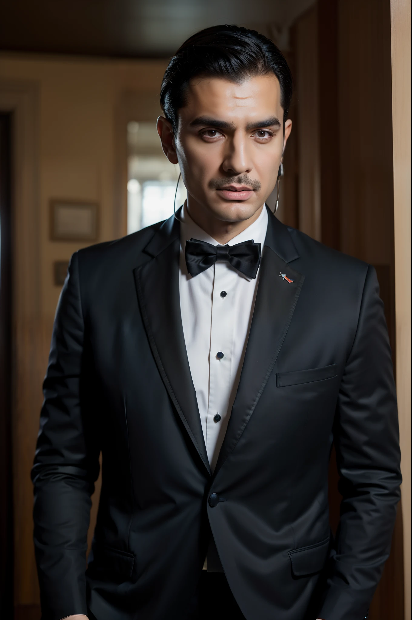 (Armenian:1.3) (photorealistic:1.4) (close up) photo in a popular club, (man) with dark hair, wearing a tuxedo, walking in front of walls of telephones, dark room, (detailed hands), (subsurface scattering:0.7), from above