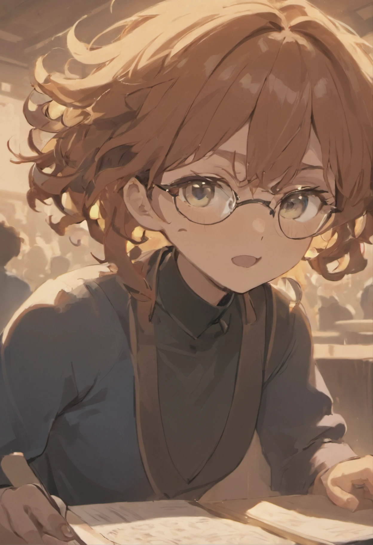 anime character with SouthIndian looks, curly hair , wearing half sleeve blue shirt, black pant, eye glasses, brown skin tone, sitting in the class room with other students in the background, sun Rays in anime style on character, full HD , detailed, 4k