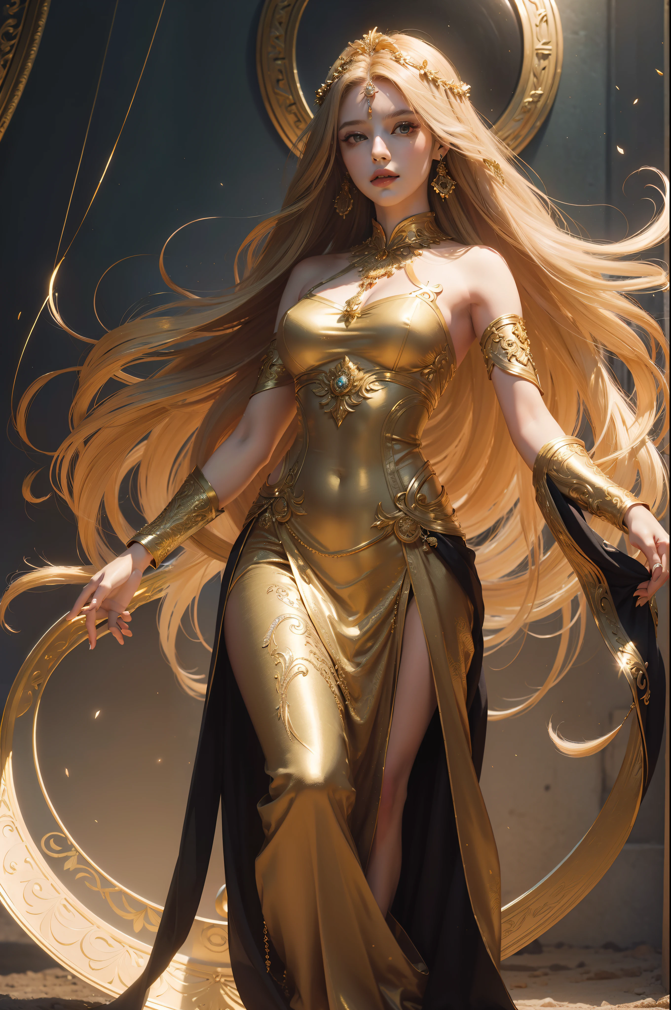 ((Masterpiece,, Artwork, Portrait, Fullbody)) Beautiful and Elegant Greek Goddess Style Outit, standing Dramatically, Heavenly, Gold Hair, Stunning Art, Long Hair, Levitating above ground, Goddess Vibe, Black and Gold Outfit