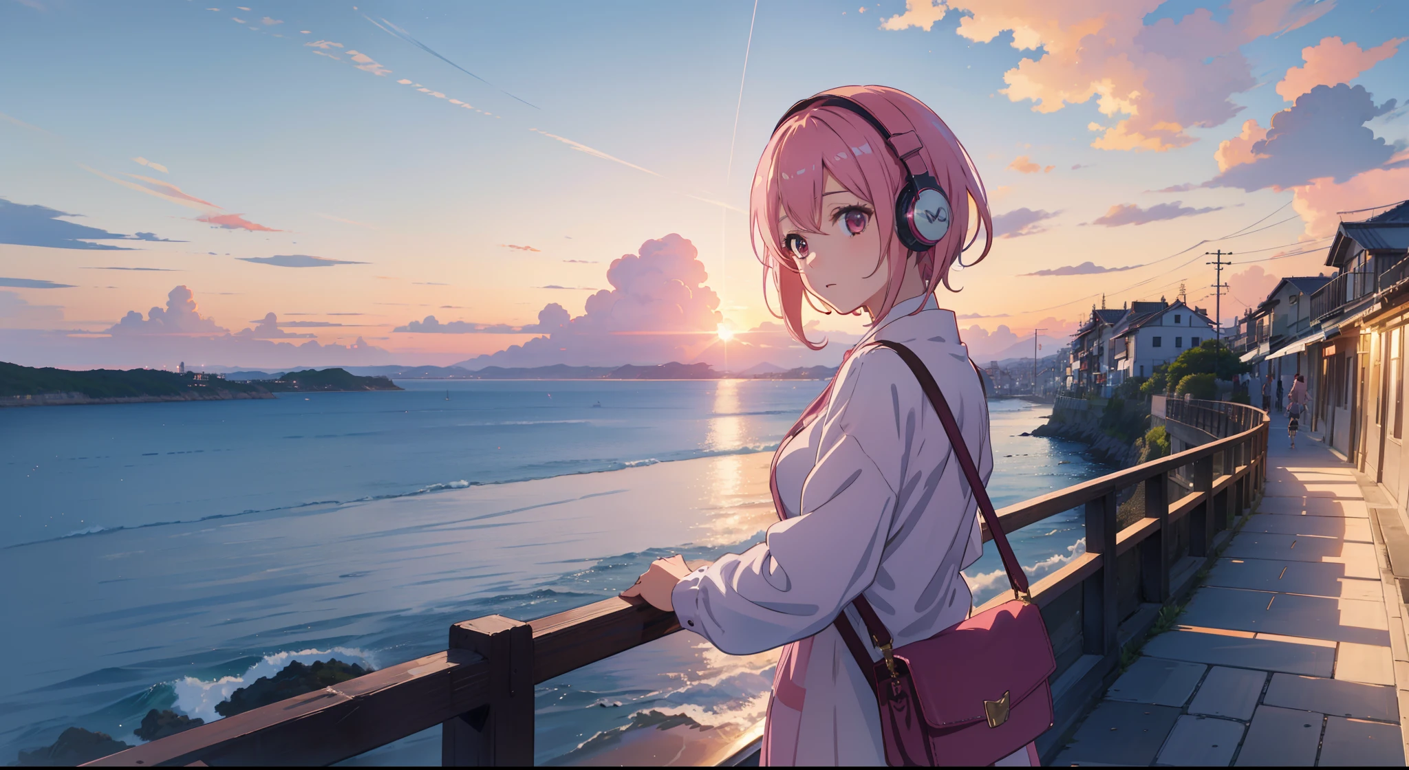 masterpiece、top-quality、Movie stills、1girl in、gotou hitori, gotou1,animesque、Pink shorthair、Pink hair、singers、illustratio、Beautiful clothes、headphones、kawaii、A town with a view of the sea、Sunset in the city(Spark:0.7)、Background like Makoto Shinkai、Different angle