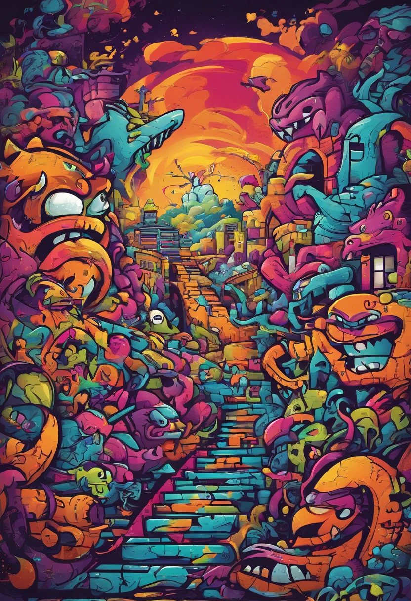 Prompt: graffiti, monsters, full picture, high resolution high contrast