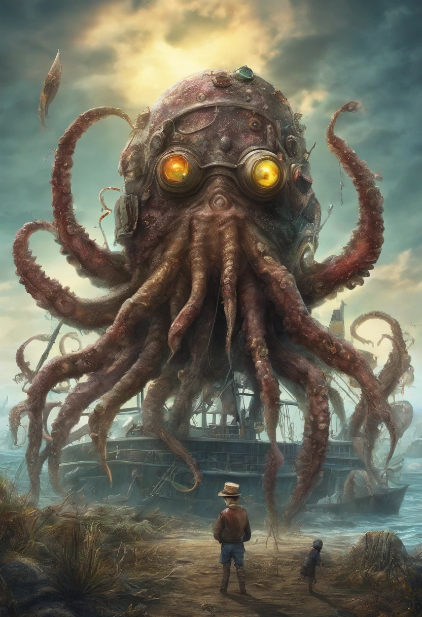 gonzobugs squid monster with a hat, deep sea fishing, vehicle, agate geode dandelion clowncore, war-torn post apocalyptic wonderland, fauvism , Caspar David Friedrich , Takashi Murakami , Diane Dillon , album cover art, perfect, smooth, pixiv, cgsociety,