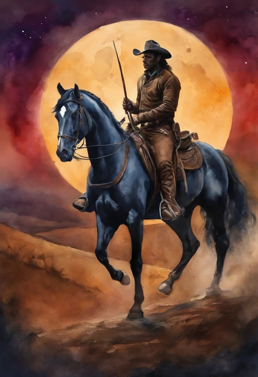 There is a man on a horse in front of a full moon, Andar a cavalo na lua, Vaqueiro, Cowboy na Faixa, Foto traseira de um cowboy, No Velho Oeste, O Cowboy no Estranho Oeste, Velho Oeste, Lone guard, sonho de Vaqueiro, quadrinhos ocidentais inspirados, lonely rider, Directed by: Cíntia Wright, space western, Fotografia Moonwalker