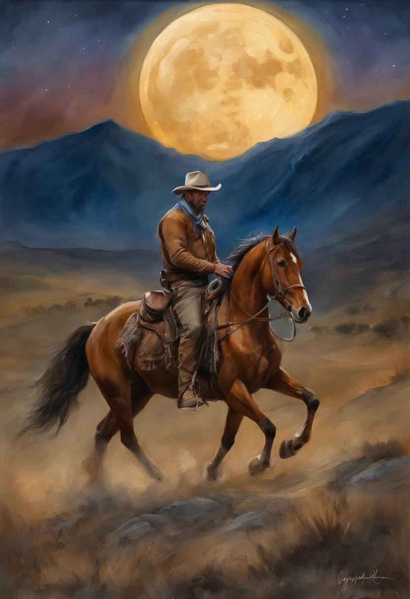 There is a man on a horse in front of a full moon, Andar a cavalo na lua, Vaqueiro, Cowboy na Faixa, Foto traseira de um cowboy, No Velho Oeste, O Cowboy no Estranho Oeste, Velho Oeste, Lone guard, sonho de Vaqueiro, quadrinhos ocidentais inspirados, lonely rider, Directed by: Cíntia Wright, space western, Fotografia Moonwalker