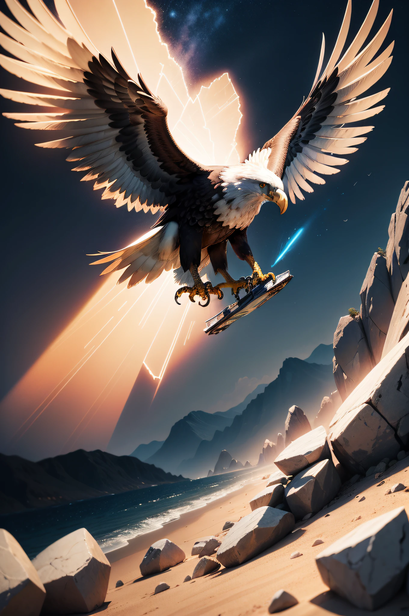 eagle background, futurist, watercolor, thrown up with rays and energy coming out of the container,
background with rocks floating with neon lights, ground broken with stones, rays, energy,
neon lights, ultrarealistic, photorealistic, dust particles, photographed with Nikon D850
camera with a Nikkor 24-70mm f/2.8E ED VR lens, --ar 9:16 --v 5.1