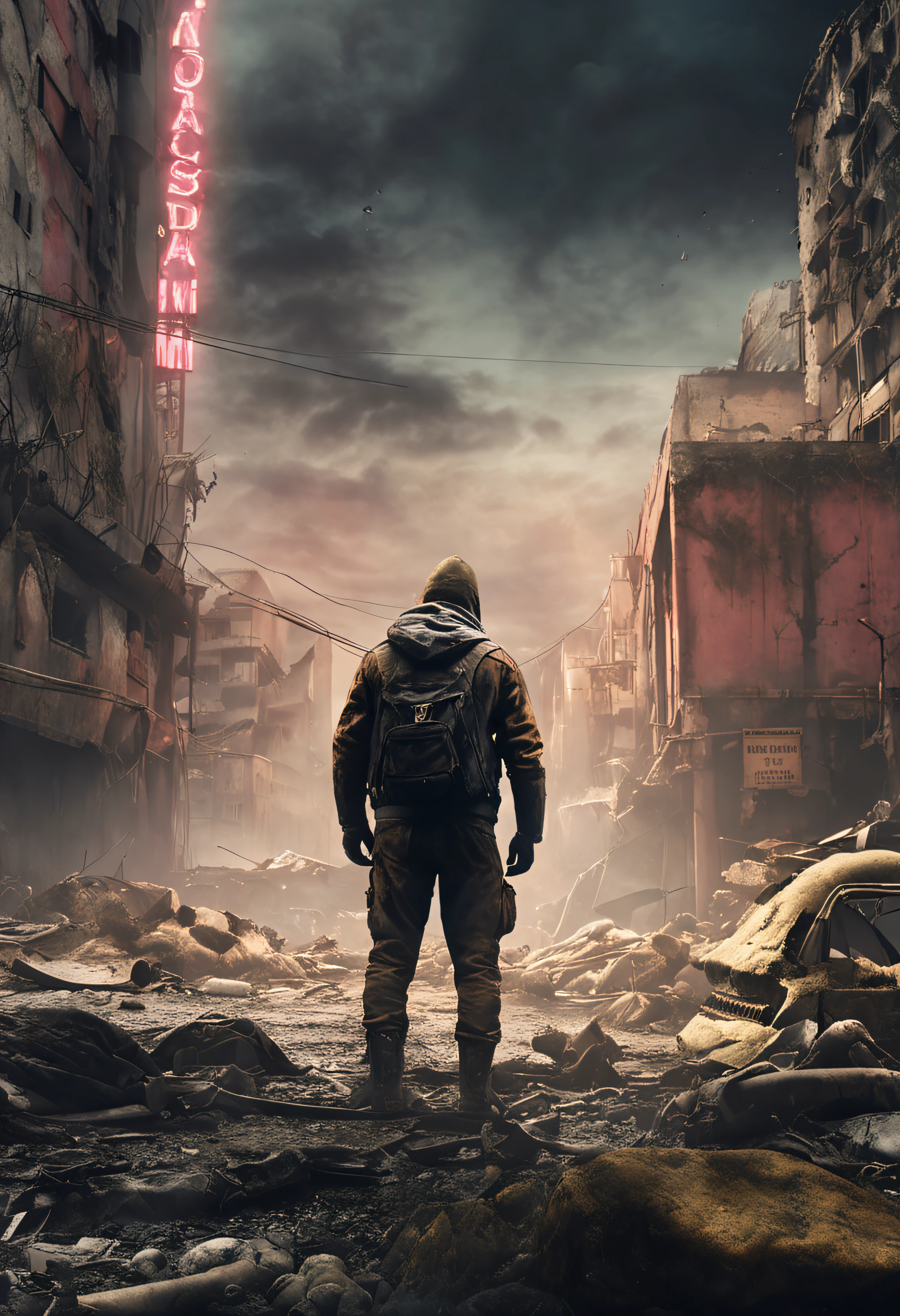 realista, 4k, Anjos com asas grandes, roupas pretas, espada desgastada, Capuz envolvendo o rosto, post-apocalyptic environment, Gloomy Illumination, destroyed scenery.