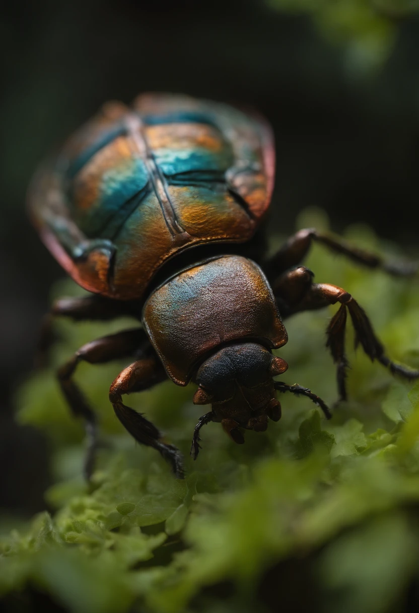 Puppet beetle,Features complex metal exoskeletons and luminescent bioluminescent patterns, Stand on the mossy forest floor. The wings of the beetle are partially spread, Bright rainbow colors. There is a soft ethereal glow around the beetle, Add to its otherworldly look