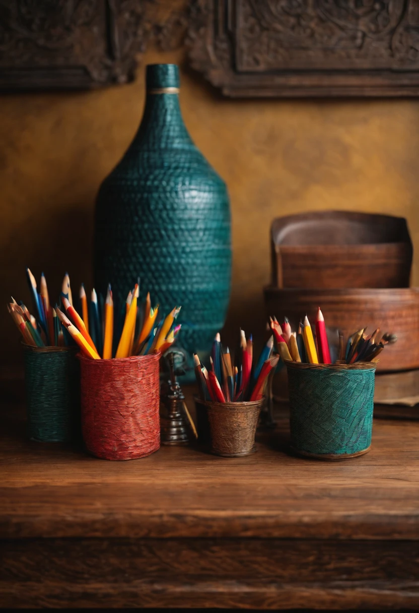 Create a table with papers and pencils on top of it