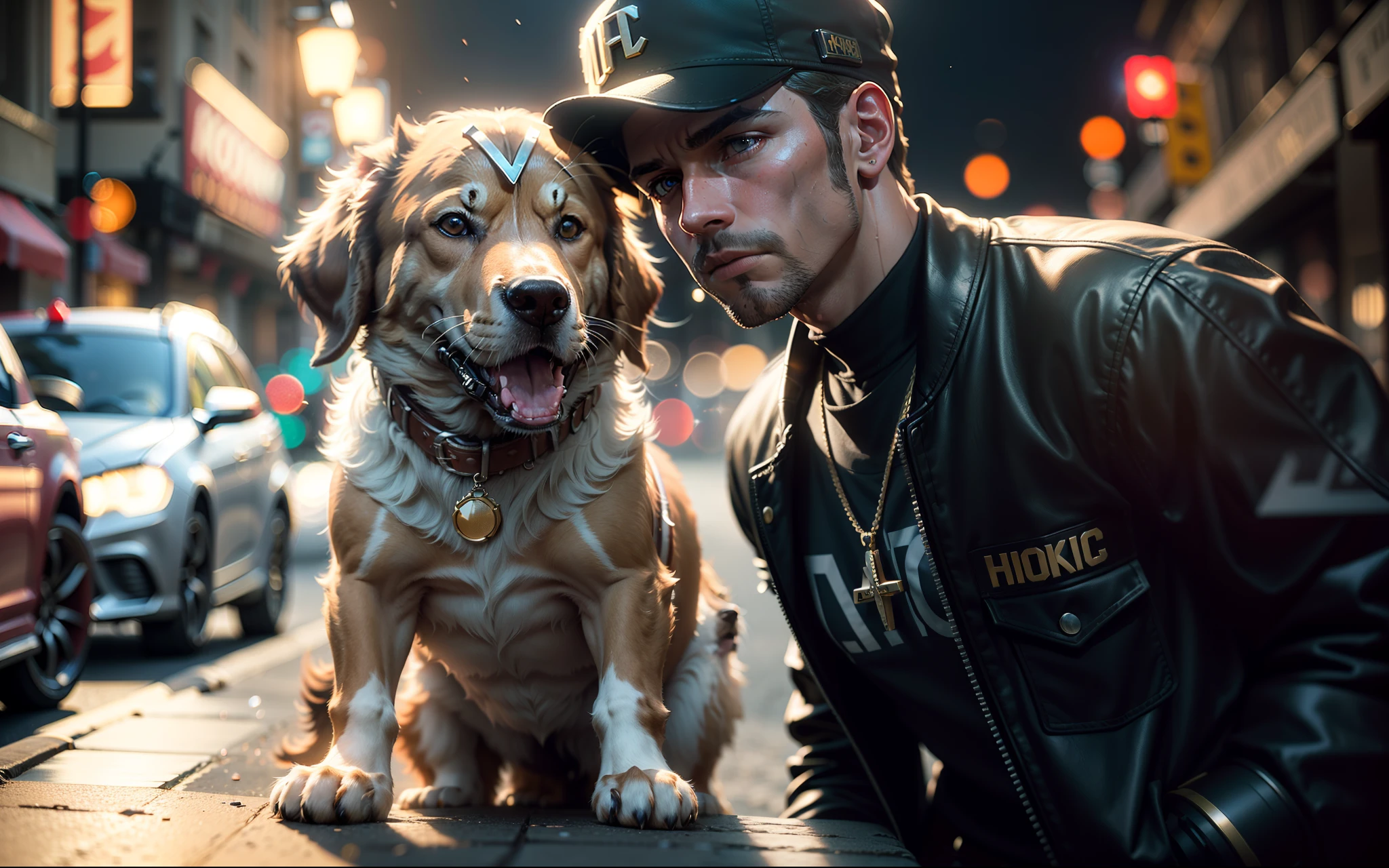 cinematic, 4k, realistic, ((cinematic shot: 1.3)), A dog in street, wearing a cap, sunglasses, a gold bone-shaped collar, rapper outfit, next to a microsystem with cassette player, hdr, uhd, 64k, Fujifilm XT3, long shot, ((low light :1.4)), ((looking directly at camera:1.3)), upper body shot, dark, shallow depth of field, vignette, high detailed Hollywood film and high-budget, bokeh, cinemascope, moody, epic, beautiful, film grain , grainy