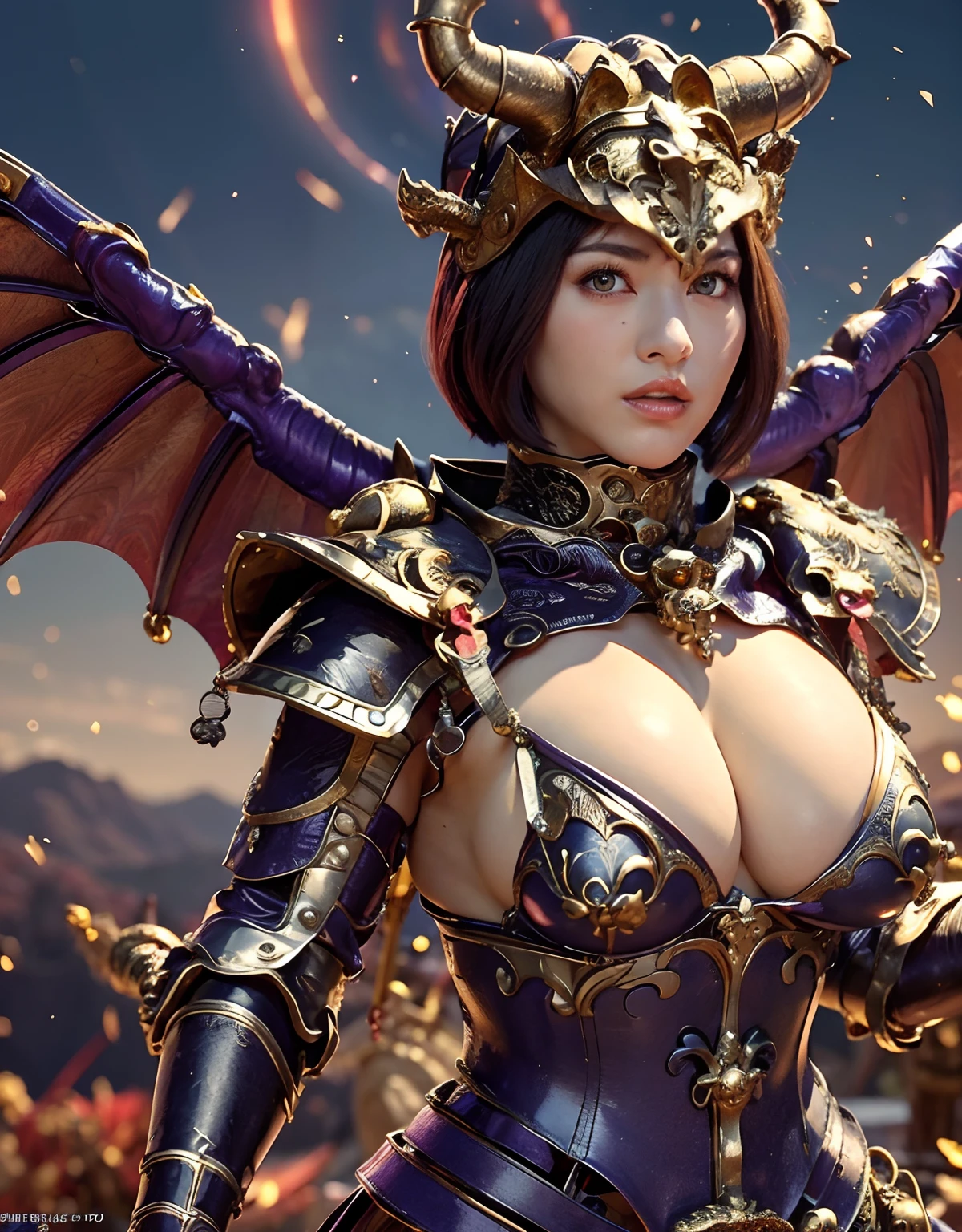 Professional , masterpiece、top-quality、photos realistic , depth of fields 、(Dragon Blue Metal Body:1.9),(Enamel purple、(cleavage of the breast)、Mystical expression、Dragon Gold Weapon、(Red Micro Bikini Armor:1.4),Gorgeous gold weapons ,Particles of light、(( Dragon's dense and gorgeous sword)) , (demonic wings)、((a blond))、(Castle background)、((Gangle's forest background))、((Fight dragons))、Beautiful Caucasian beauty、1a person、dynamic ungle,(((Detailed and ornate dragon helmet)))、Smaller head、A smile、Castle background、Thin and beautiful female hands、cleavage of the breast、Soldier in iron armor on background、Mystical expression、Light Effects、intense fighting、Wind-effect、magic circles、With the legendary magic wand、Dragon's tail、explosions、Anatomically correct body、