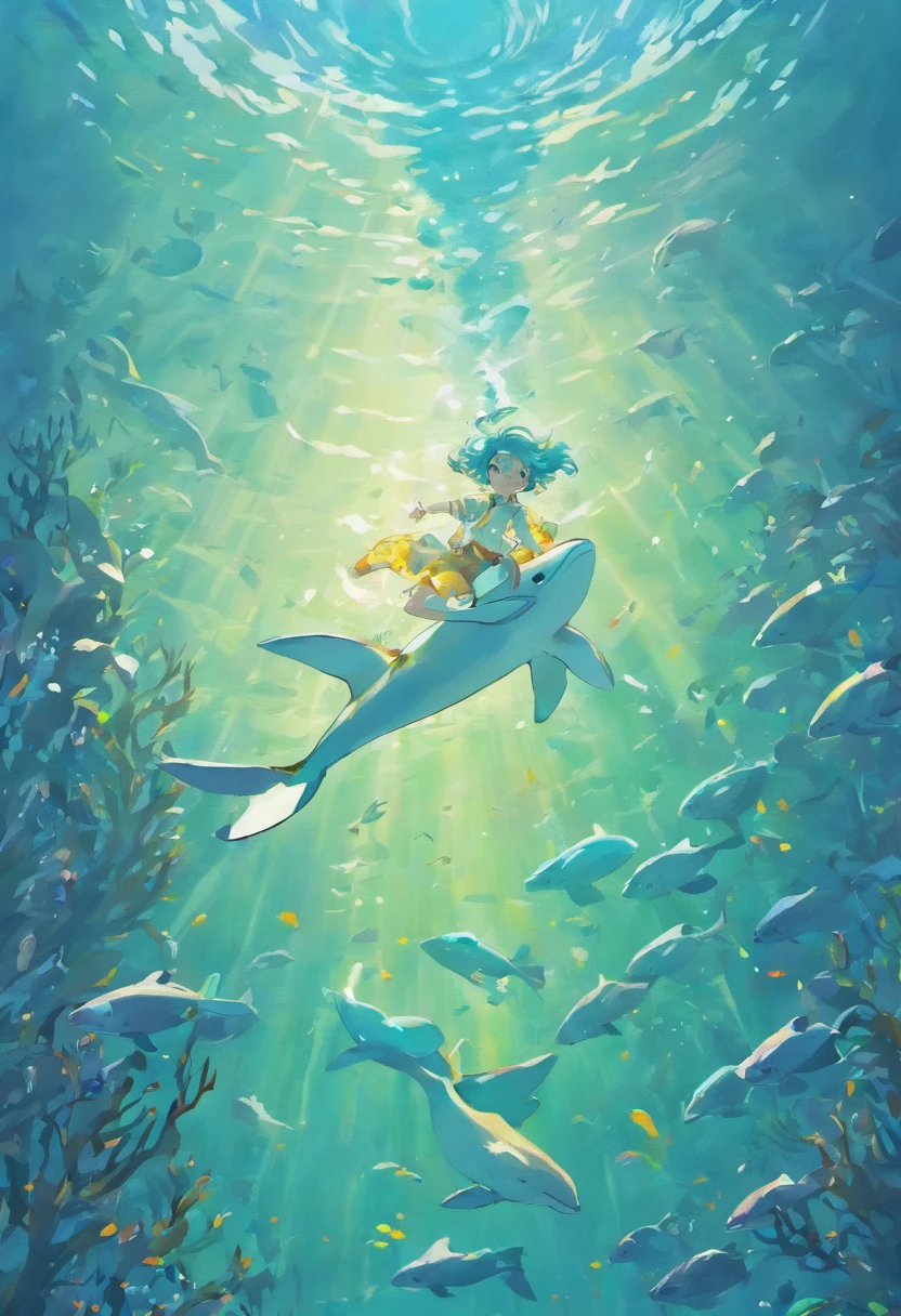 illustration:The boy in white swims with whales at the bottom of the sea,dream magical,benthos,A plant,The surrounding bubbles slowly rise,Sunlight shines obliquely into the water。