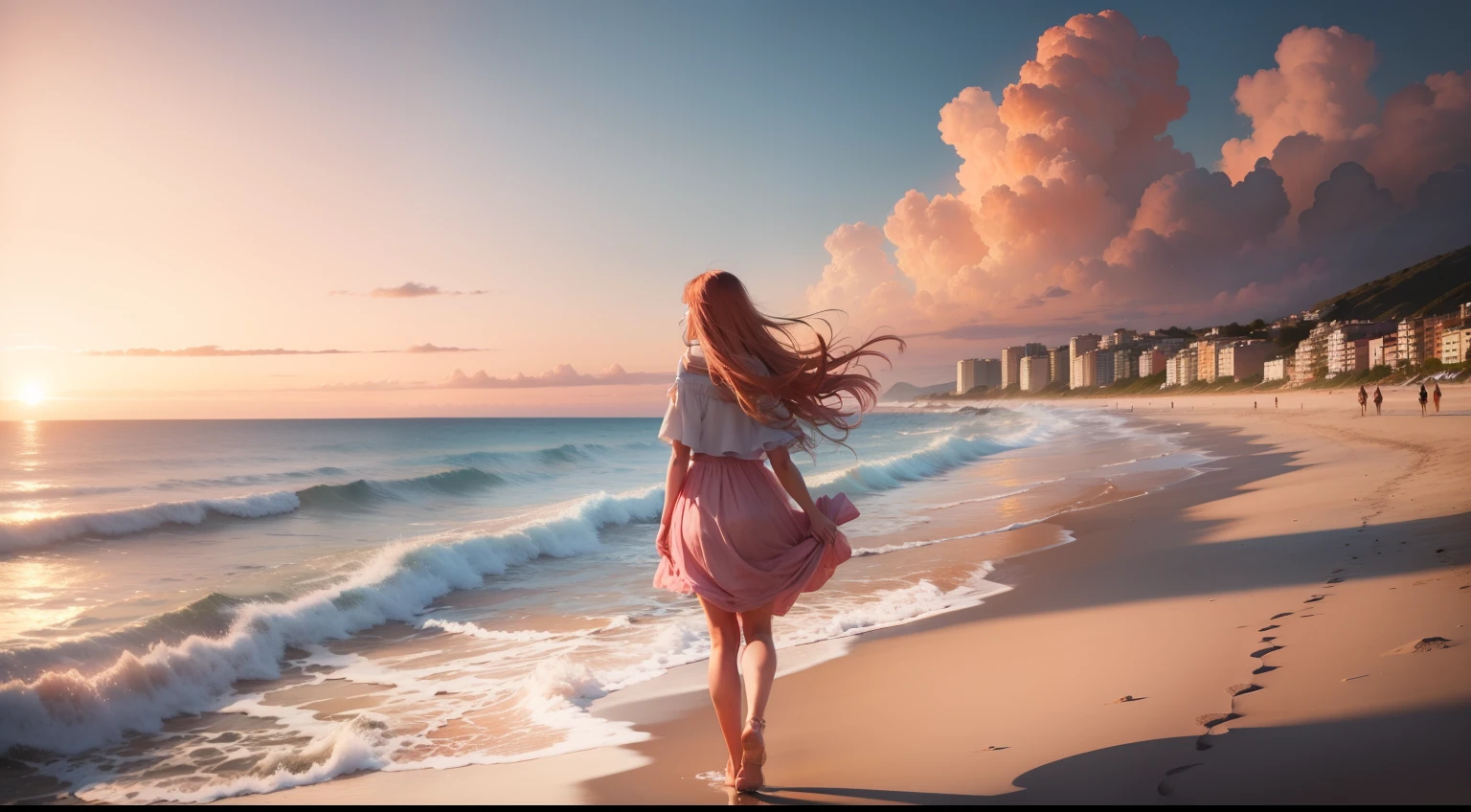 A beautiful beach with golden sands stretched along the coastline, the sun setting in vibrant shades of orange and pink, casting a warm glow over the serene landscape. A young girl, with her long hair gently tousled by the sea breeze, strolls along the shore, her footsteps leaving imprints in the wet sand. She carries a bouquet of wildflowers, adding a pop of color to the scene. [2], [3], Collage made by digital artist, 8K, Ultra-HD,
