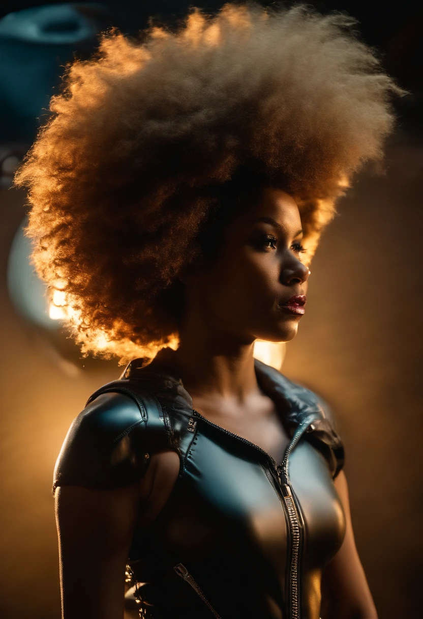 woman in an underwater spacesuit,, (subsurface scattering:1.1) (polyvinyl Jacket With Rivets:1.3), astro helmet (open zipper:1.7), (sexy:1.5), (erotic:1.5), (afro hairstyle:1.6), best quality, sunlight, detailed face, gorgeous eyes, realistic skin details, high quality, seen from below, translucent, (voluptuous:1.6), sensual, lascivious, dominant, romantic, high quality, film grain, Cinematic Light, sidelighting, sharp focus