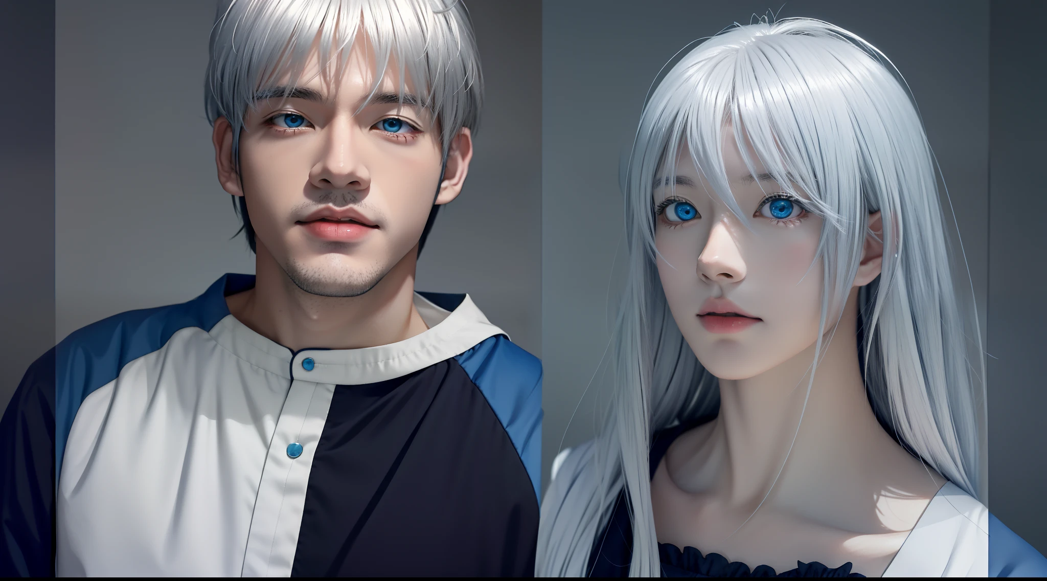 Anime man with white hair and blue eyes, tall anime guy with blue eyes,, 2 d anime style, spear, he has dark grey hairs, zerochan art, white haired, zerochan, Male live-action anime style, male anime character，Anime realistic style