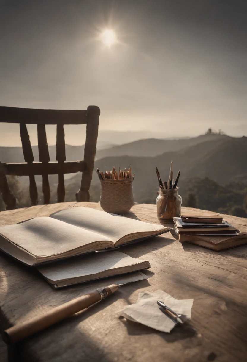 Create a table with papers and pencils on top of it