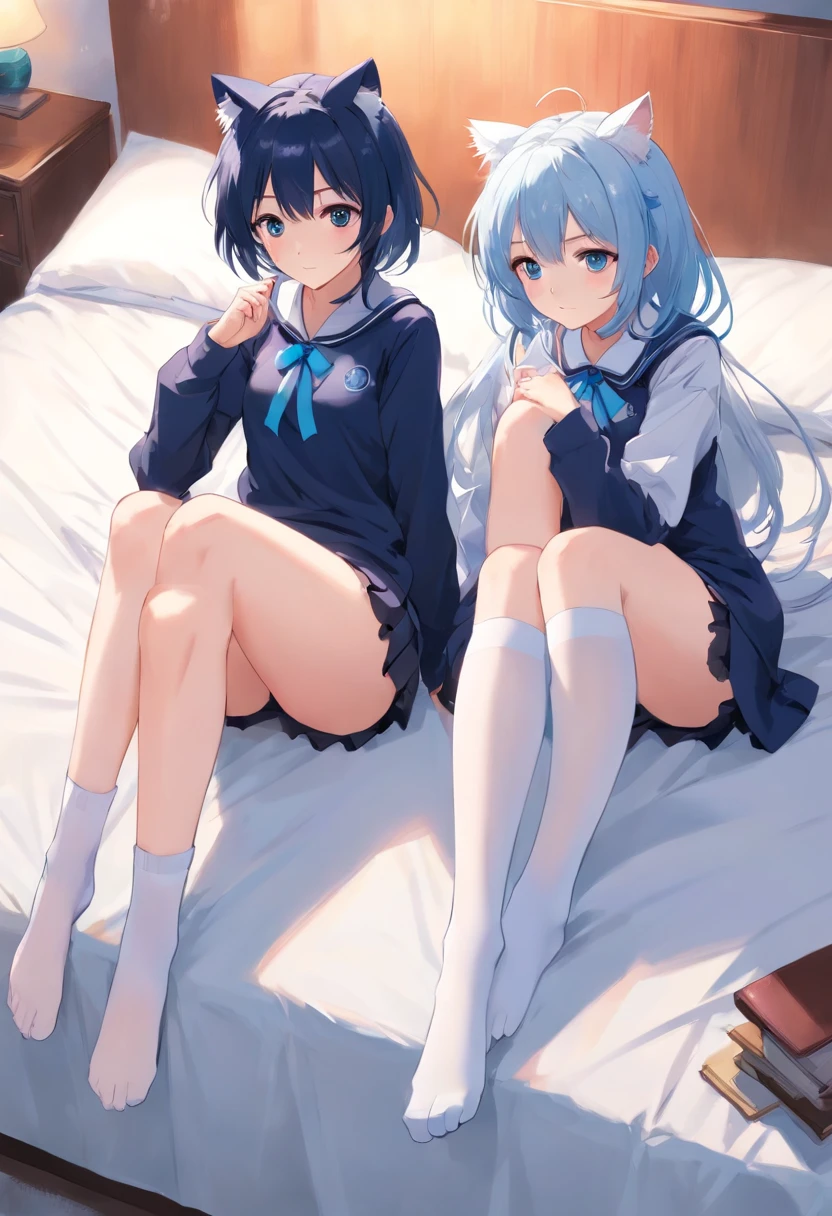 , Two age girls, High school student, A pair of blue hair white stockings, White hair and black stockings, Half a thigh, face, Shy cat ears, JK school uniform, On a white bed, Feet