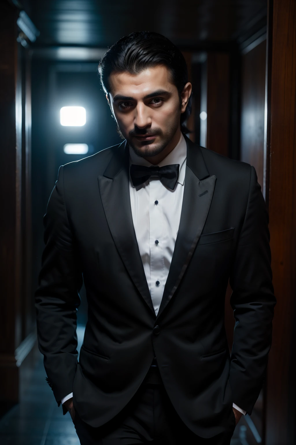 (Armenian:1.3) (photorealistic:1.4) (close up) photo in a popular club, (man) with dark hair, wearing a tuxedo, walking in front of walls of telephones, dark room, (detailed hands), (subsurface scattering:0.7), from above