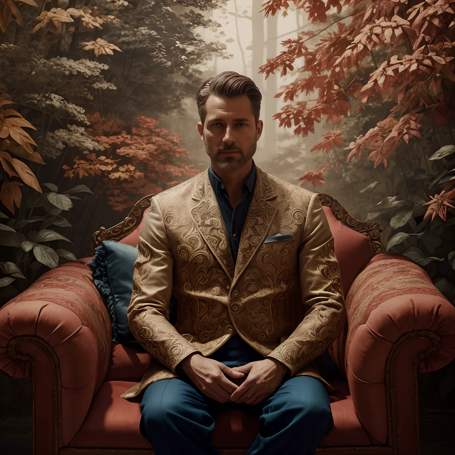 colorful pattern, Oil paintings by Flemish masters, surrealism, beau.
Un homme Handom, 40 years old , (shaven:1.2) , curly short brown hair. .Costume moulant , chemise coupe blanche.
airy, Light in contrast, highly detailed, Hyperrealistic, ultra HD, couleurs vives, highly detailed, Dessin UHD, stylo et encre, composition parfaite, beautiful detailed intricate insanely detailed octane render trending on artstation, photographie artistique 8K, photorealistic concept art, soft natural volumetric cinematic perfect light