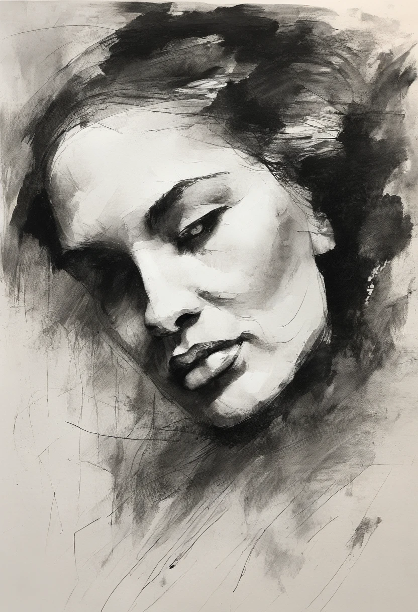 Rough charcoal sketch on old paper, Female Image, the perfect body, dynamicpose, Clean Line Art,+expressive lines,Draw in an expressive sketch style, hatching, Black and white sketch, hand-painted, Rough charcoal sketch on old paper