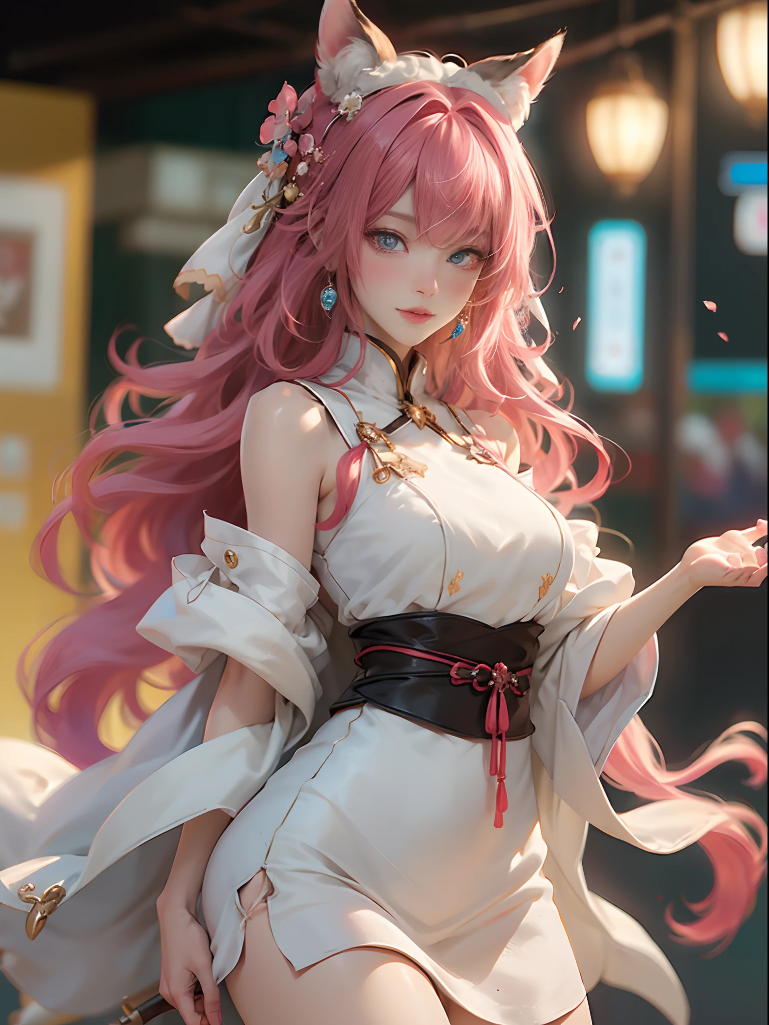 （（best qualtiy））， （（tmasterpiece））， （detail：1.4）， Beautiful cyberpunk female images，hdr（HighDynamicRange），Ray traching，NVIDIA RTX，Hyper-Resolution，illusory 5，sub surface scattering，PBR textures，post-proces，Anisotropy Filtering，depth of fields，maximum definition and sharpness，Many-Layer Textures，Albedo e mapas Speculares，Surface coloring，Mitsu-Accurate simulation of material interactions，perfectly proportioned，rendering by octane，Two-colored light，largeaperture，Low ISO，White balance，Rule three points、8K raw data、Beautiful bright blue pupils，off-the-shoulder clothes，Fine pupils，Delicate face and eyes，long eyelasher，Blushlush，Delicate and fluffy hair，pink lip，Pure，Cute face，Sweet girl，Artistic sense，Casual wear，Advancedsense，butterflys，Cherry blossom petal，Beautiful hair accessories，Long hair and waist，Hair fluttering in the wind，Snow-white fox ears，curlies，Snow-white fluffy tail，Positive light，The light from the back window is backlighted