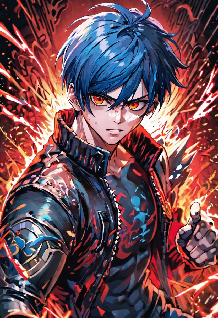 (masterpiece,detailed,highres:1.4) , model shot, close up, detailed face, fine detailed eyes,, (Jin kazama),blue middle hair,ghoul eye,retro jacket,Tokyo Ghoul,retrofuturism background, vibrant colours, hdr,, ,