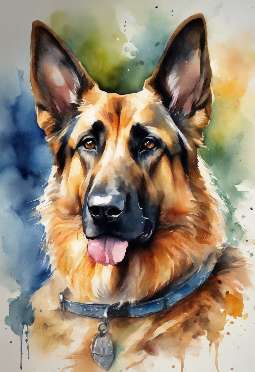 German Shepherd breed dog, colorful, vintage style, (T-shirt design), realistic volumetric light of masterpiece