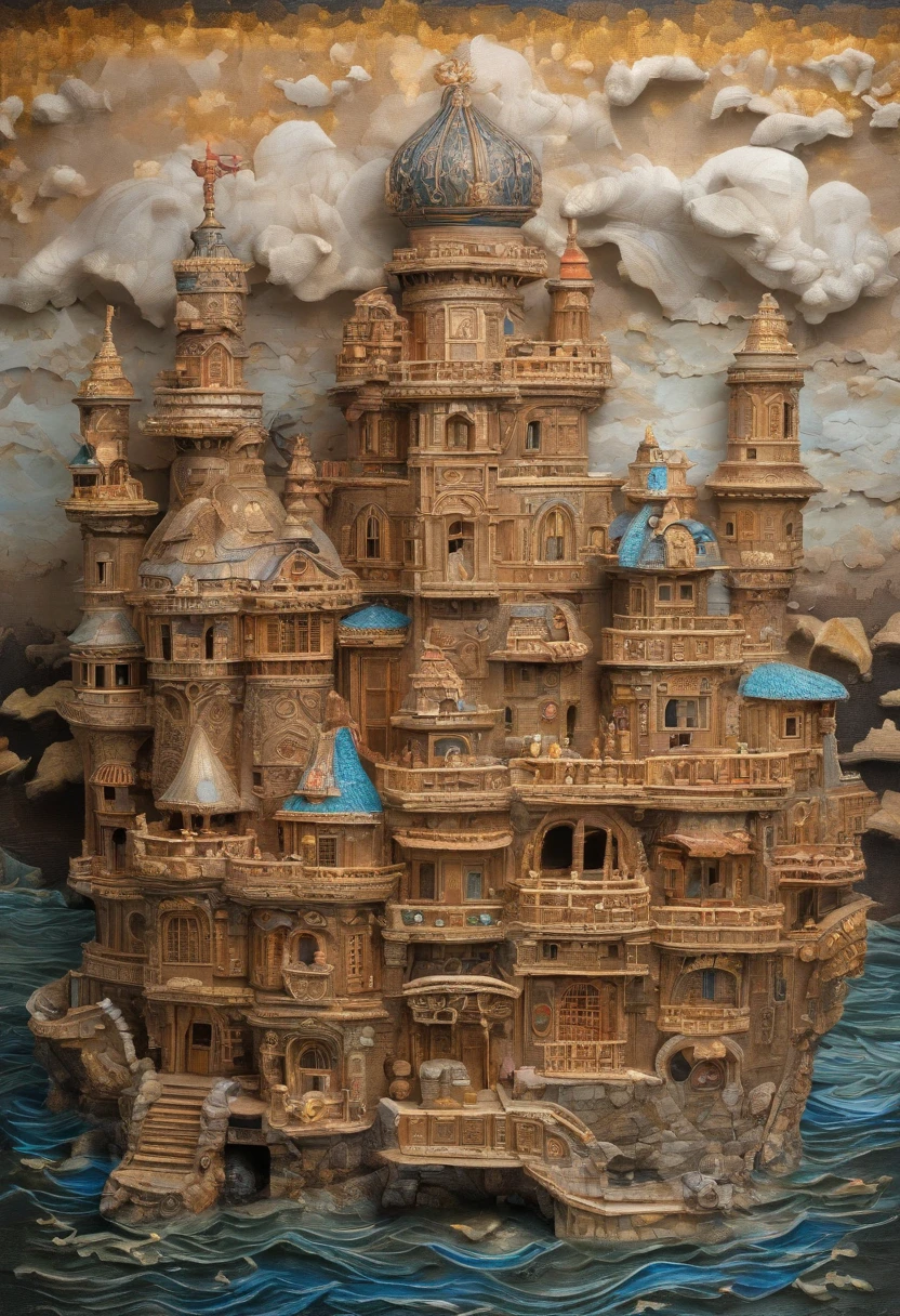 exquisite and detailed drawings, tall and complex building on a single island, on a seaside, sunny, rich, classy, opulent, pirates, tresure, HD, highly detailed, clean drawings, 2d, joy, good mood, happiness, a small unexpecteted whimsical magic element, 64K