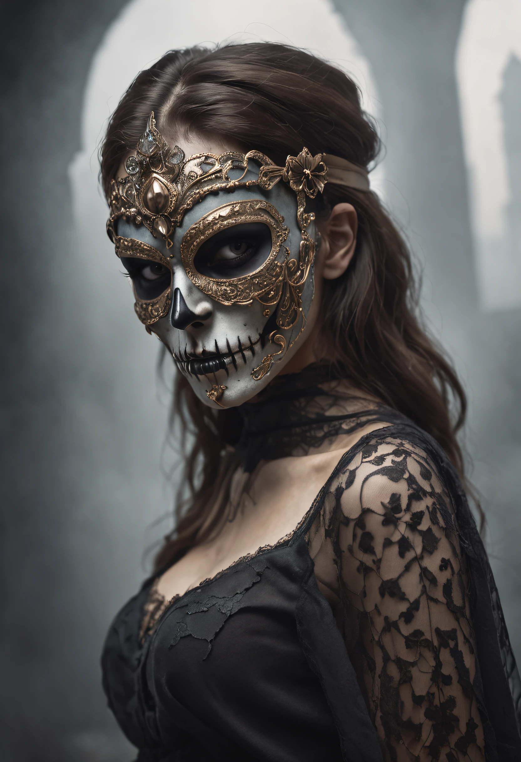 concept art breathtaking Artistic female in skull mask , solo., under creepy evil fog. In a City burial background, surreal detail. Artistic dark color effect. Detailed. Centered.