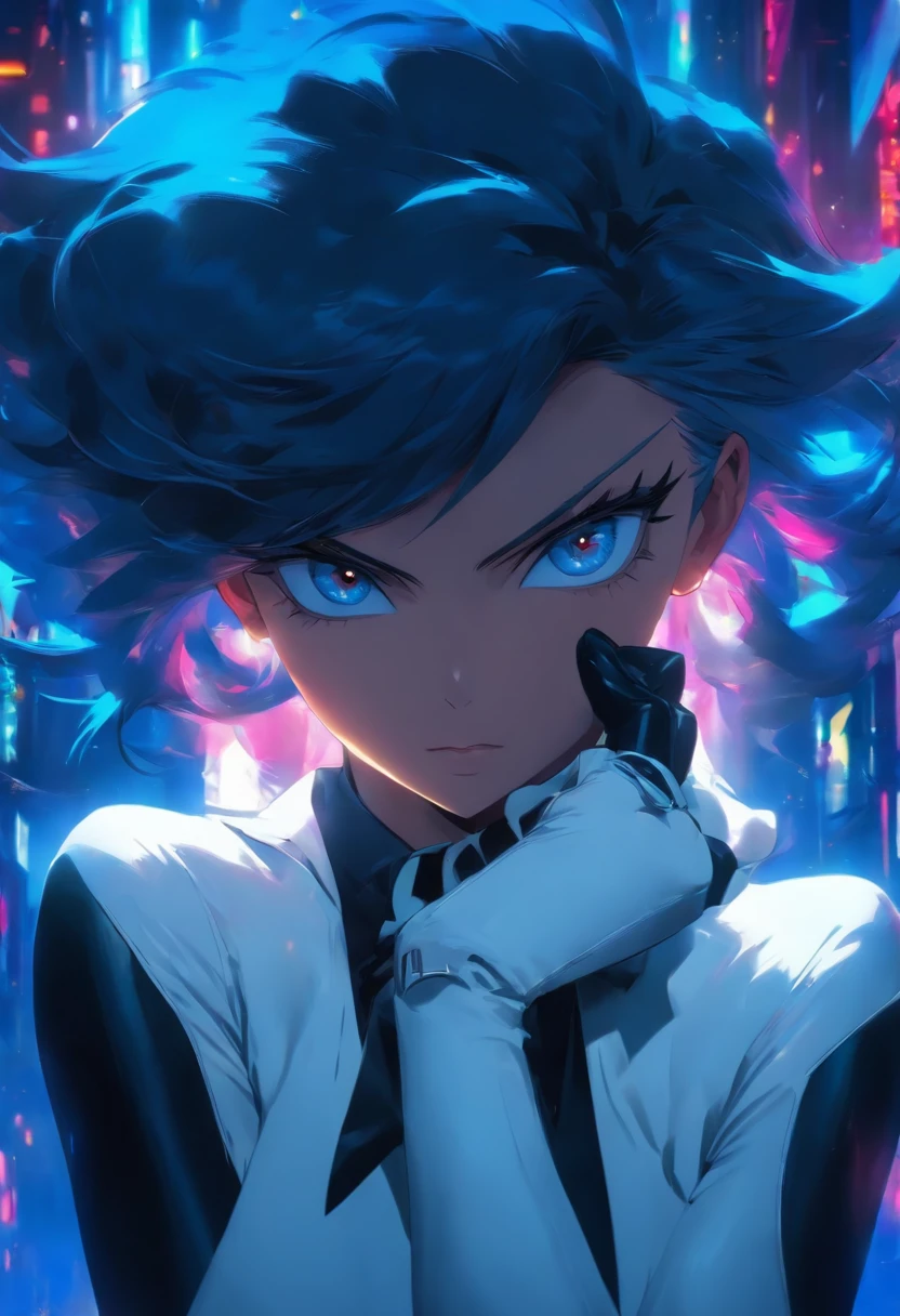Woman in a white suit with a black tie,black gloves,short white shoulder hair,deep dark blue eyes,pose