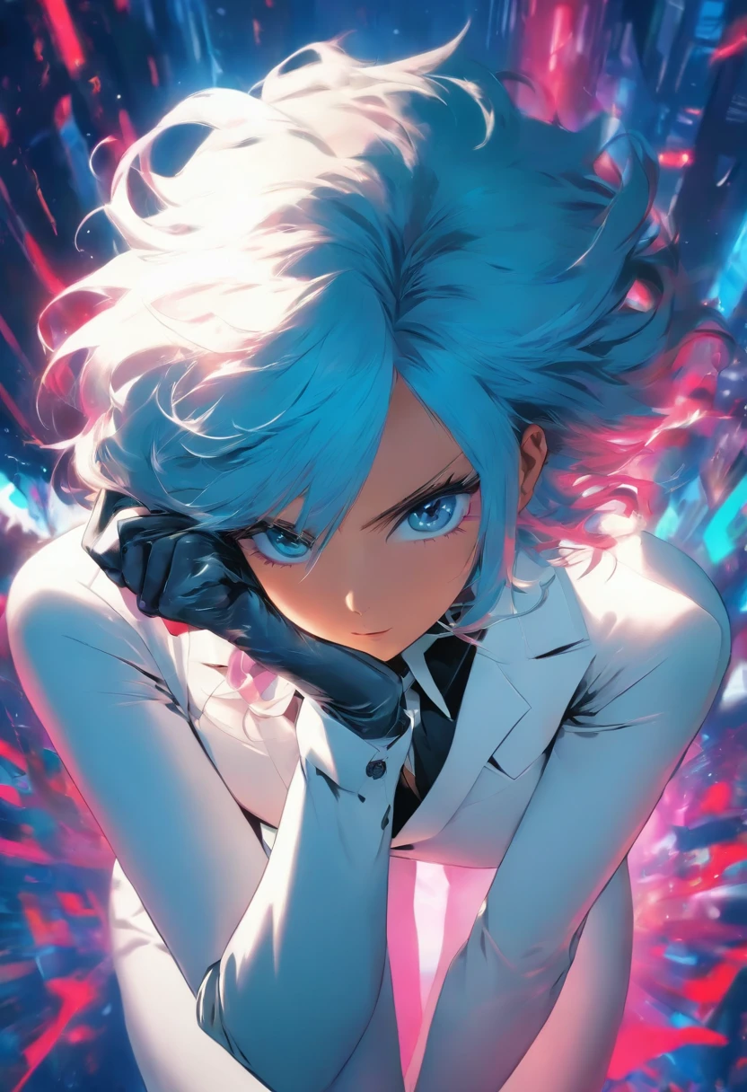 Woman in a white suit with a black tie,black gloves,short white shoulder hair,deep dark blue eyes,pose