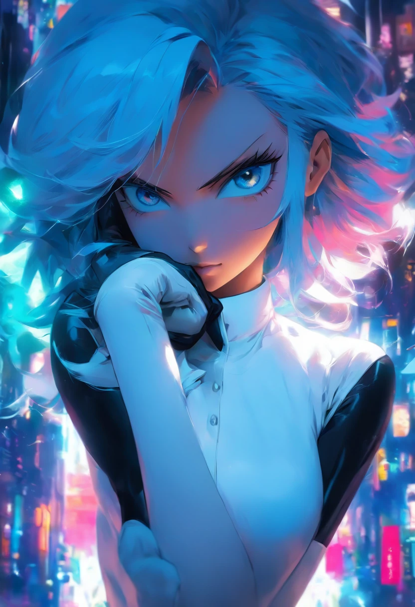 Woman in a white suit with a black tie,black gloves,short white shoulder hair,deep dark blue eyes,pose