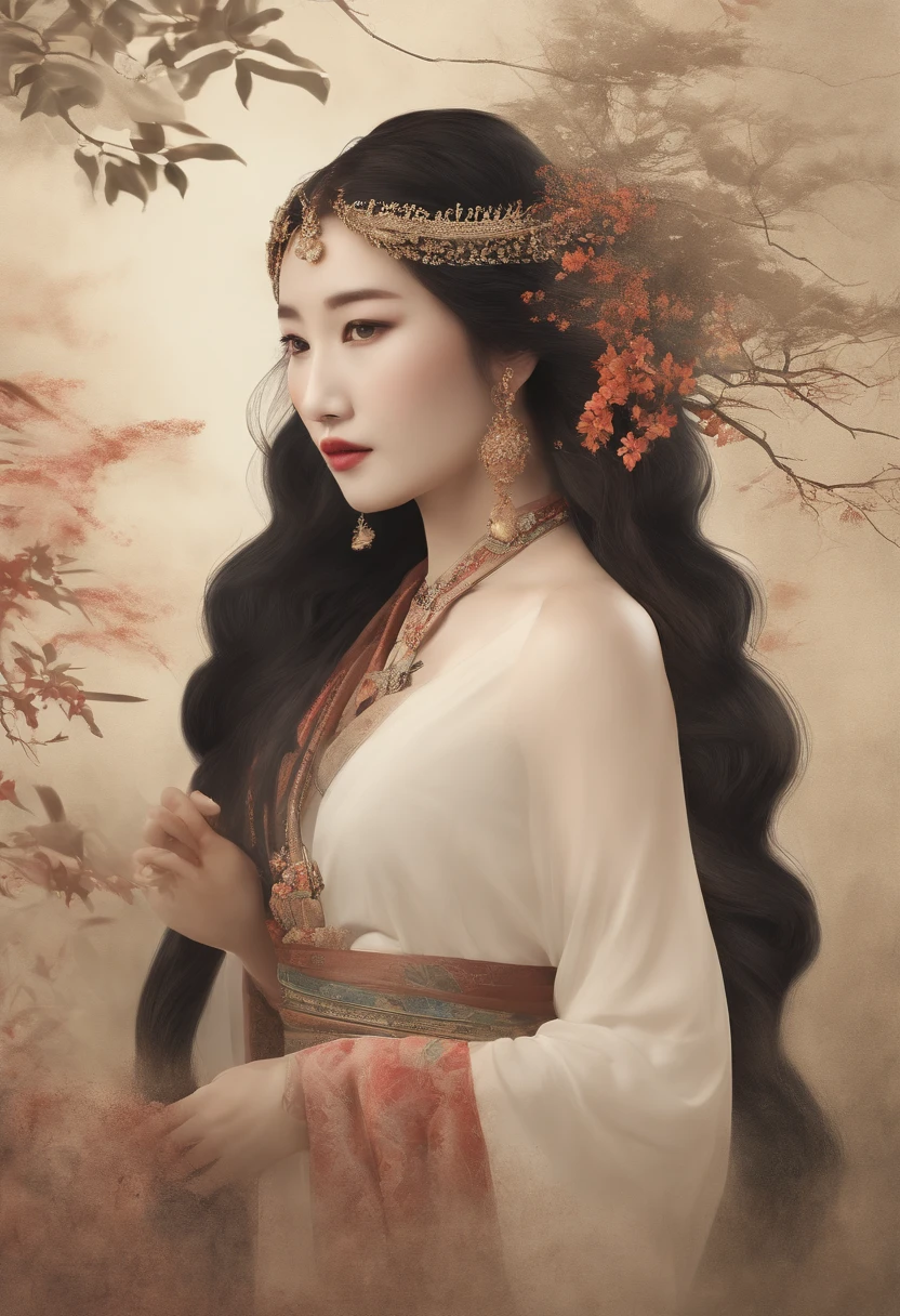 china goddess,CLASSICSTYLE , Ultra-fine plant stone, Cartographer line, Digital illustration, Thick ink, Minimalist botany, Beautiful and beautifully illustrated masterpiece, Topaz AI post-editing