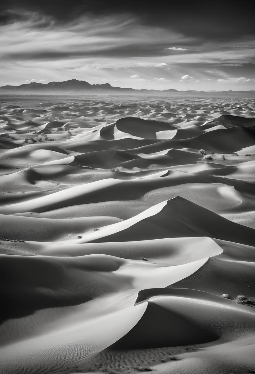 national geographics award winning monochrome photo of aerial view of desert dunes, distant dunes visible at the top with clouds in the sky, in the style of contoured shading, highly detailed large format photography, HDR