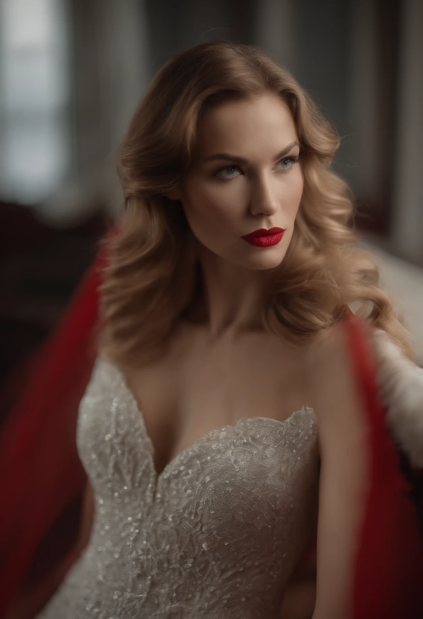 Fashom supermodel in red fluffy dress mouth open gasp elegant sexy hot