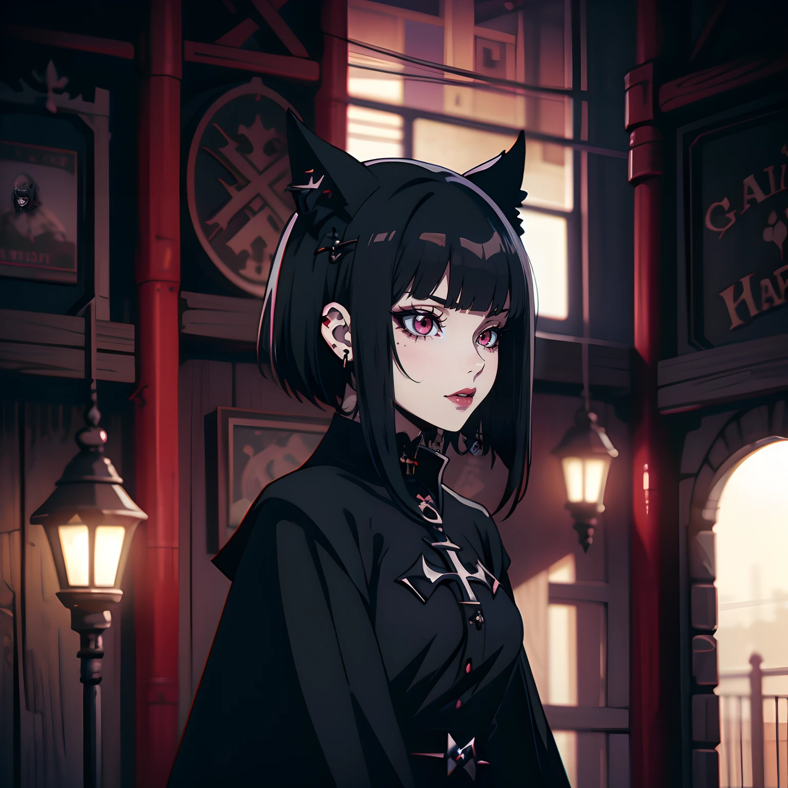 an anime girl , The Dark Castle,Long eyeliner and eyelashes, background,red lipstick , hot , black short hair, dark fantasy style , Gothic style , Gothic girl, Paddy, Evil outfit