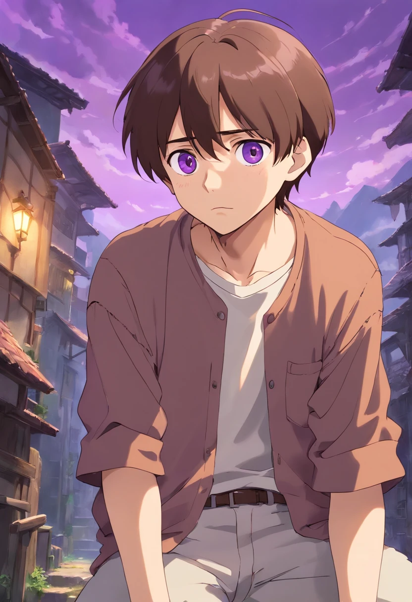 Man,Brown hair, Short hair, Purple eyes, 20 years younger, Torn clothes, Sad, Crying, Male, Dynamic pose, Solo