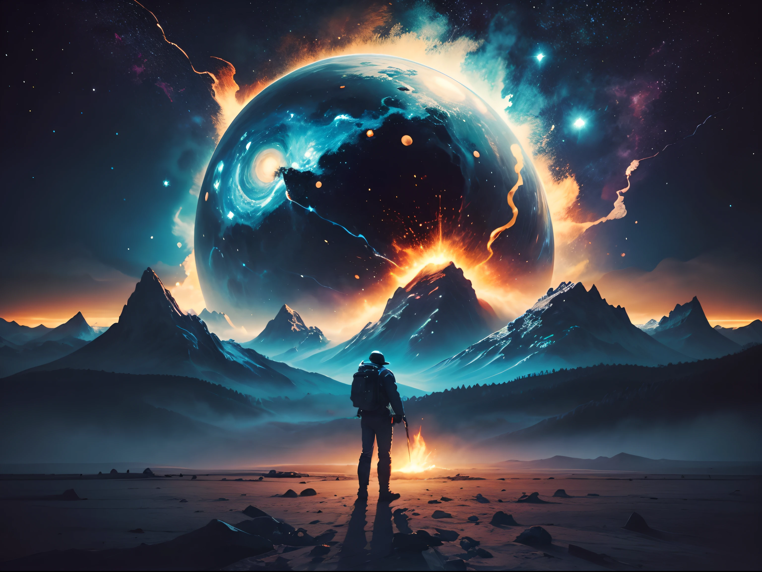 astronauta, Escalando el asteroide, atomic bomb, explosivo, Character representation, Modelo de ultra alta calidad, ethereal background, Belleza abstracta, explosive volumetric, painting oil painting, en estilo Oppenheimer, Arte digital 4K altamente detallado, Estilo de arte Van Gogh, Estilo Van Gogh, inspirado por Vincent Lefevre, Vincent Van Gogh Estilo de Arte, Artistic style of Monet and Da Vinchi, inspirado por Cyllian Murphy, Vincent Van Gogh!!, En la noche estrellada, inspirado por Vincent Di Fate, (Sci-fi movie-style cover.)