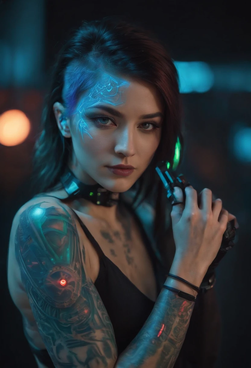 Image designer "Cyberpunk & Realistic". Futuristic depicts a perfectly tattooed woman with high-tech mechanical prosthetics. Embrace cyberpunk aesthetics with neon lights and bright tattoos, Maintain a true depiction of its features. "illuminating" Dynamic neon lighting with natural light sources,Highlight cyberpunk tattoos and prosthetics, Keep realistic shadows and highlights. "Camera positioning" Eccentric and close-up camera positioning, Capture dynamic poses,Cyberpunk tattoos and high-tech prosthetics are displayed in detail. "Color Palette" Cyberpunk-inspired color palette,With neon tones such as electric blue, Fluorescent roses, and bright green, Complemented by realistic skin tones and metallic details,to embody advanced technology.