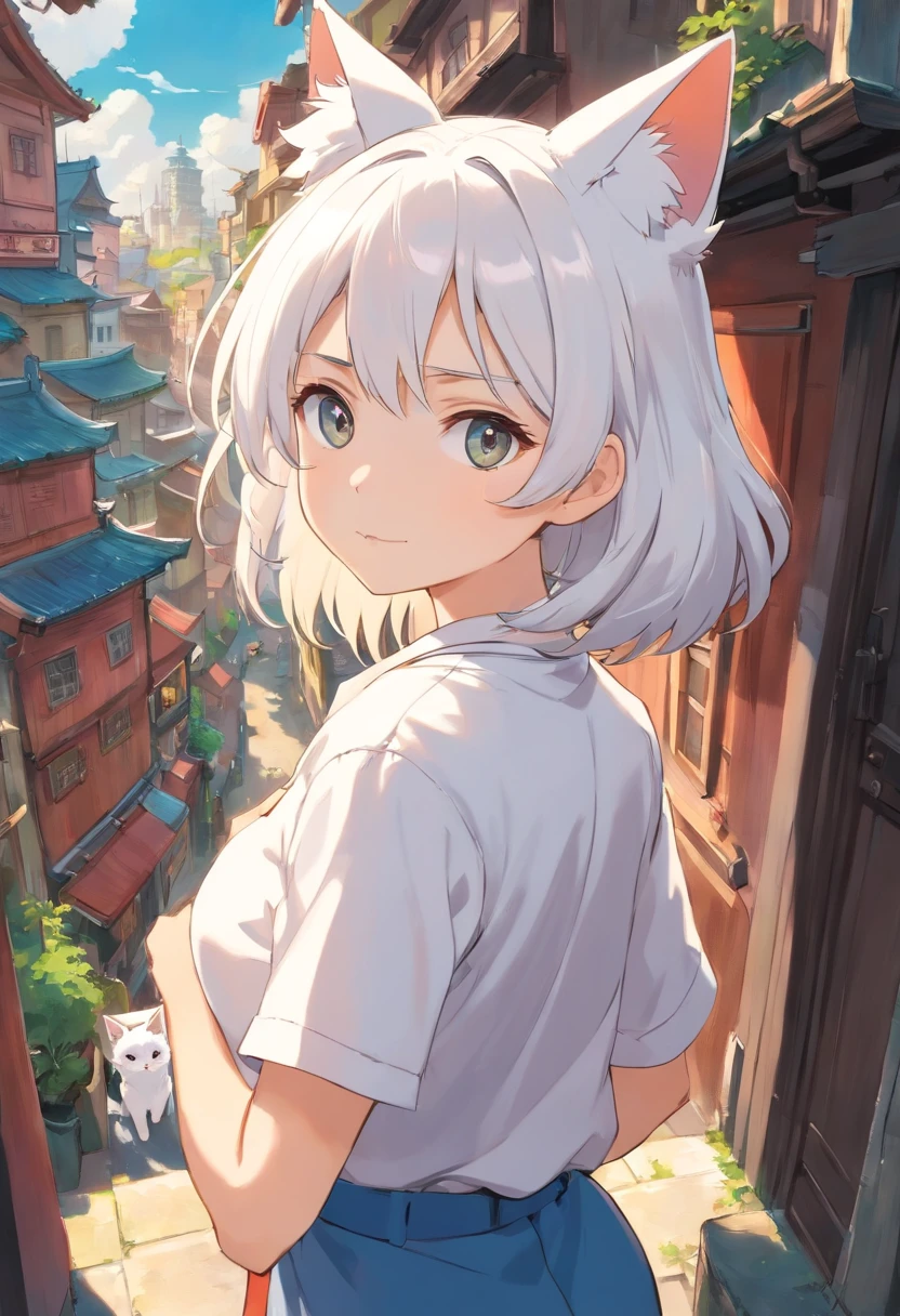 1girll, Ebenya, view the viewer, White hair, neko, Cat ears, Cat tail, White shirt, Open clothes, russian city, ba-shiroko