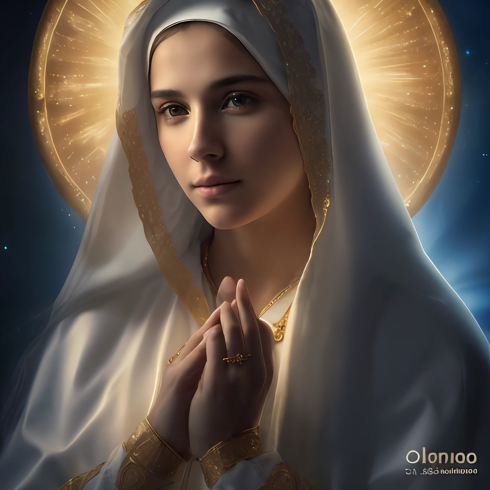 (((Saint Virgin Mary. 19 years old))) ((( Con una cara seria y piadosa. Con una mirada dulce y tierna))) (obra maestra, calidad superior, mejor calidad, arte oficial, beautiful and aesthetic: 1.2), (1girl), extremadamente detallado, (Arte fractal: 1.3), colorido, highest detailed, Cara perfecta, parte superior del cuerpo, HDR, (orando: 1.3), (golden lines of white coat: 1.2), galaxia, (rayas de luz), eye-catching visuals, (dynamic stripes, senderos luminosos: 1.2), colores vibrantes,