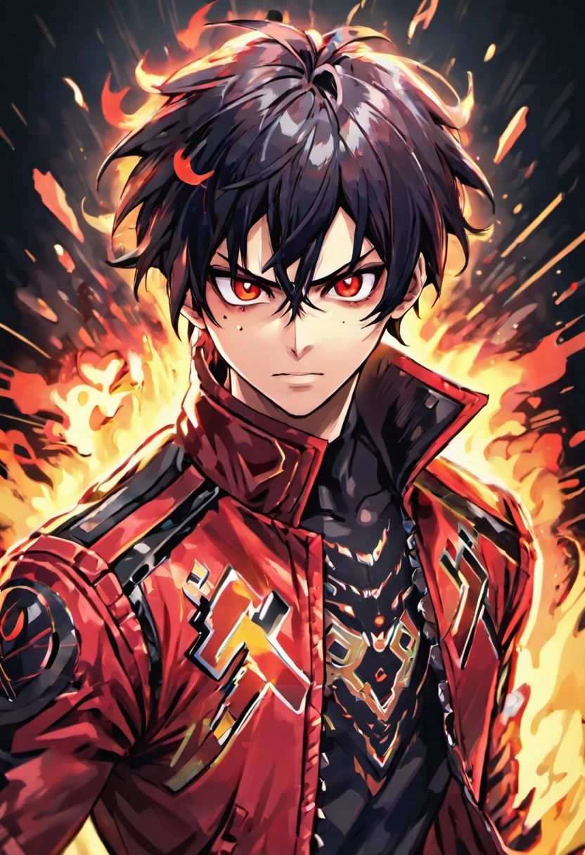 (masterpiece,detailed,highres:1.4) , model shot, close up, detailed face, fine detailed eyes,, (Jin kazama),black middle hair,ghoul  eye, flame on jacket,Tokyo Ghoul,retrofuturism background, vibrant colours, hdr,, ,
