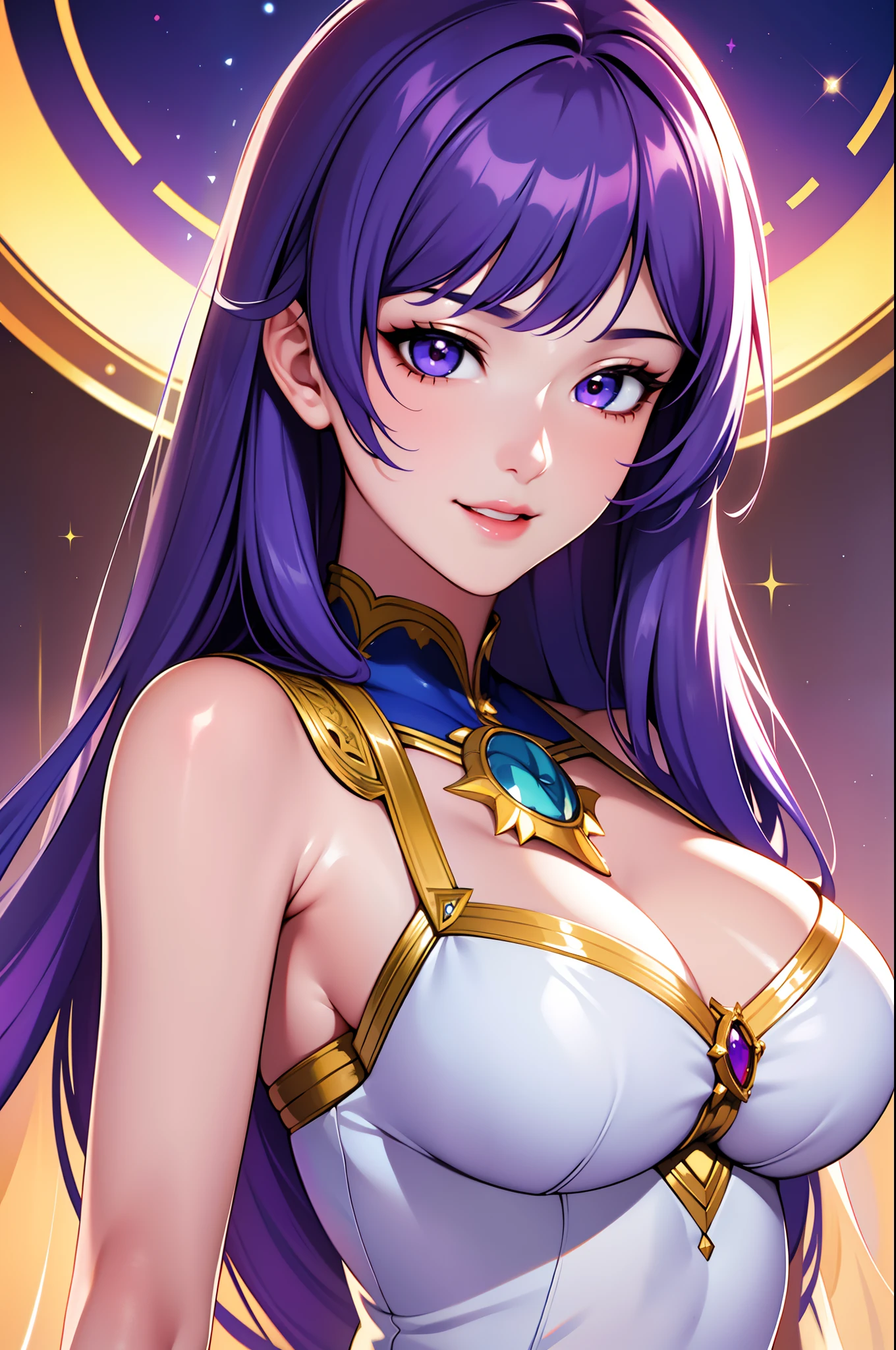 masterpiece, best quality, beautiful detailed hair detailed face, perfect feminine face, [outline:1.5], (happy:1.2), open mouth, smiling, (close-up potrait:1.2), face focus, a beautiful and cute girl with sparkling and glowing purple hair, in belly dancer wearing, lace, frills, vale, young girl, solo, 1girl, ahoge, side hair, very long hair, shiny skin, lens flare, sharp focus, volumetric lighting, trending on artstation, pixiv, by sakimichan, george kamitani, akira yasuda, alphonse mucha, greg rutkowski, gil elvgren, william-adolphe bouguereau, oil on canvas, look at viewer, narrow perspective